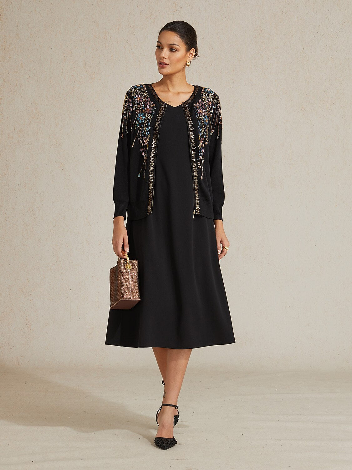 Ethnic Floral Rhinestone Knit Jacket