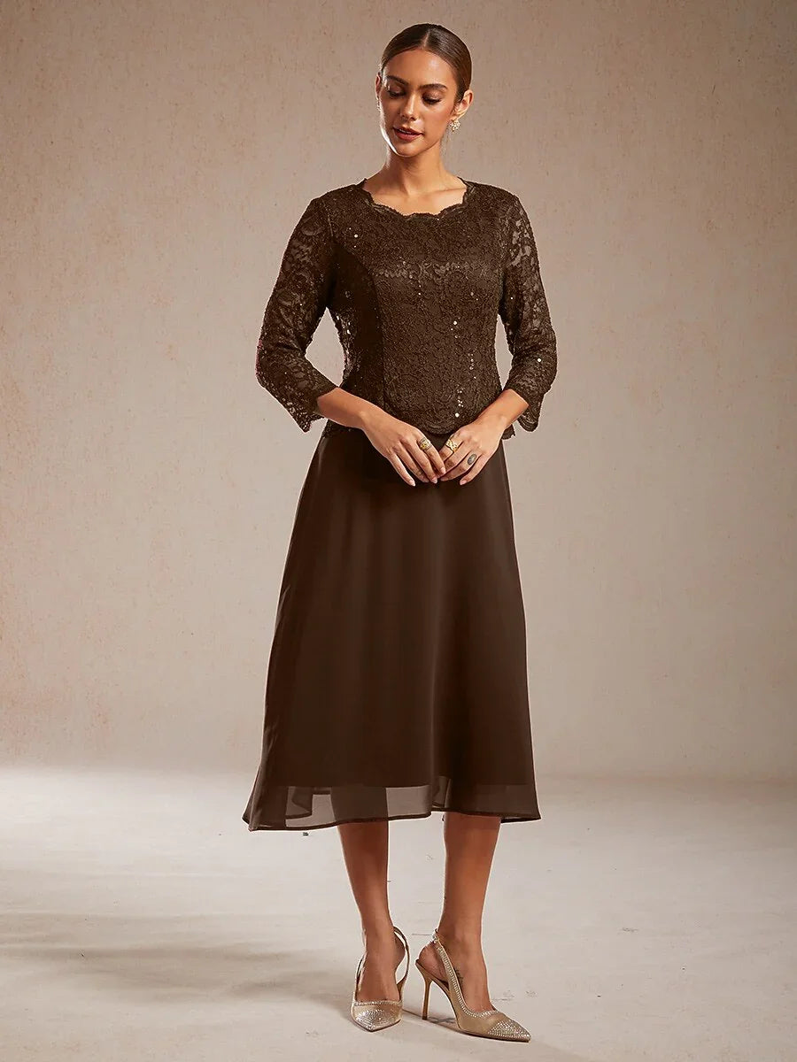 Elegant Lace and Chiffon Tea-Length Dress