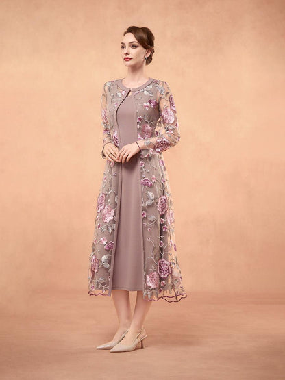 Chiffon Mesh Lace Embroidered Ruffle Floral Two Piece Dress