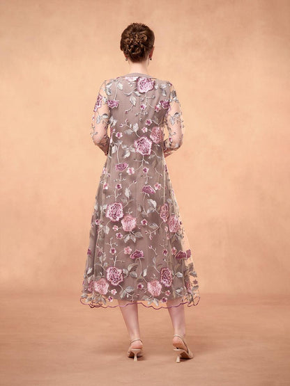 Chiffon Mesh Lace Embroidered Ruffle Floral Two Piece Dress