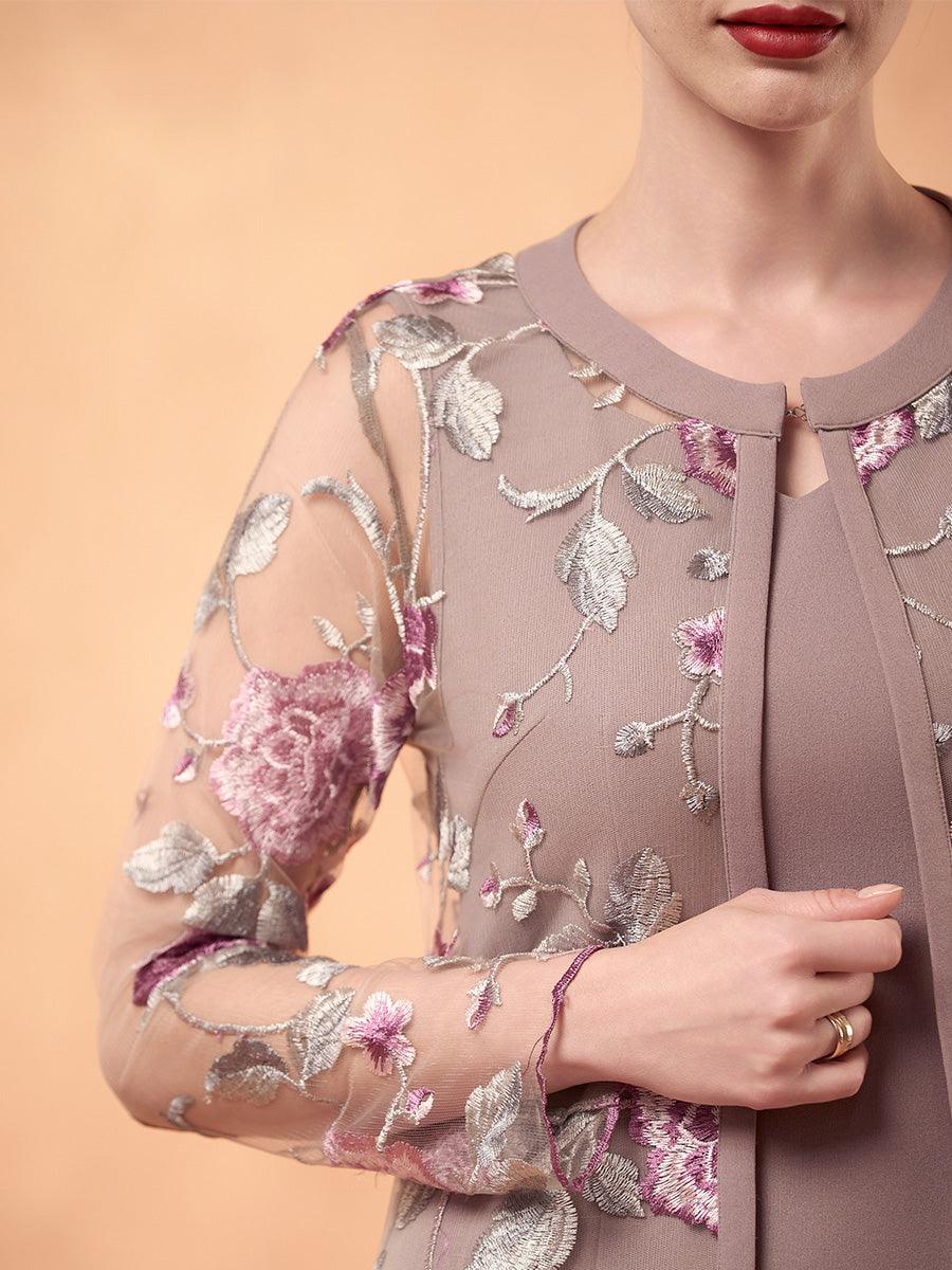 Chiffon Mesh Lace Embroidered Ruffle Floral Two Piece Dress