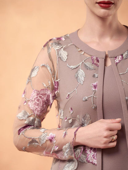 Chiffon Mesh Lace Embroidered Ruffle Floral Two Piece Dress