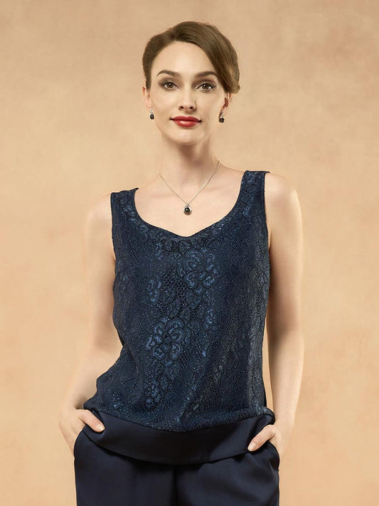 Satin Lace Tank Top with Rhinestones