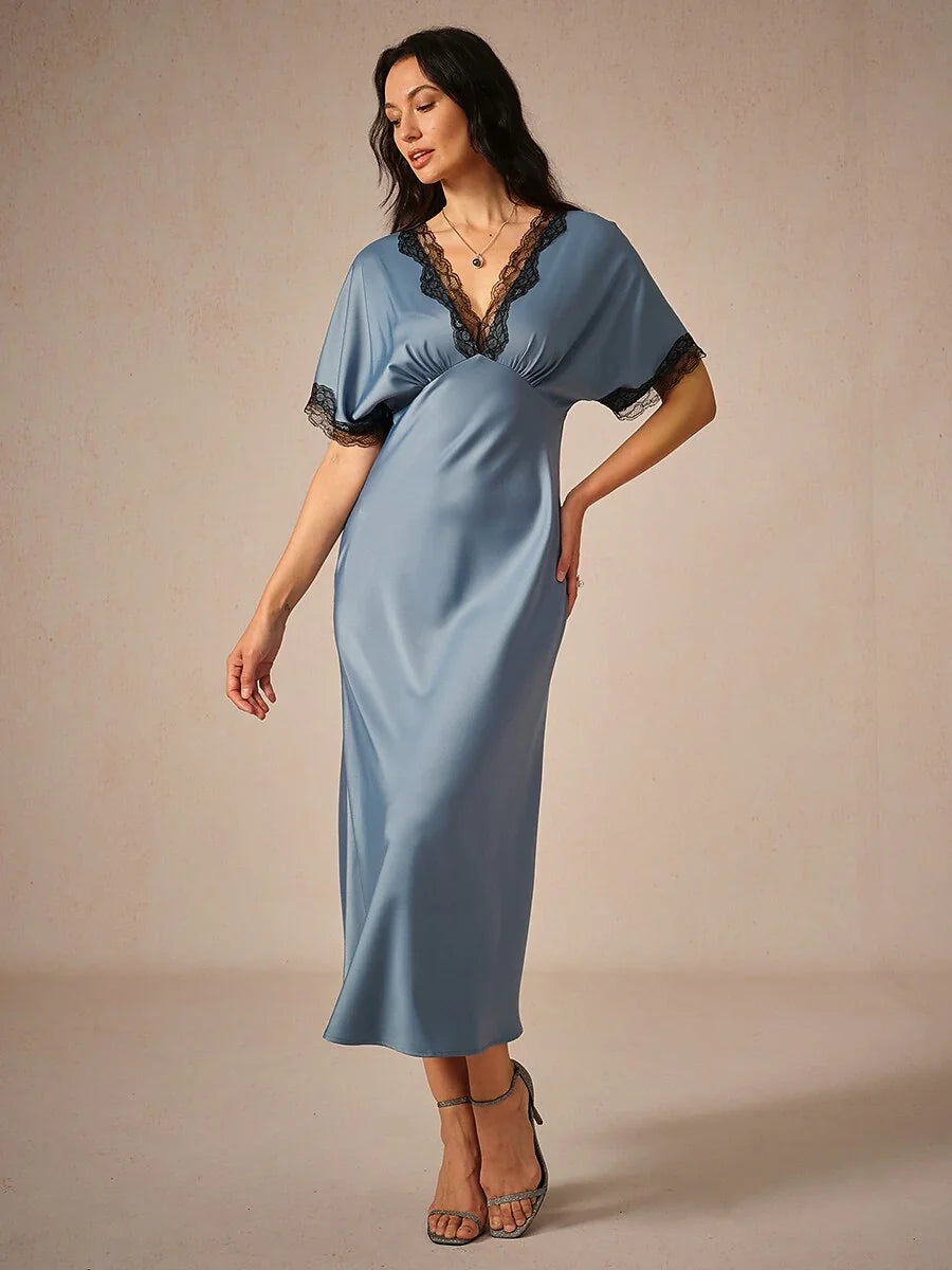 Satin Lace Trim V-Neck Dusty Blue Dress