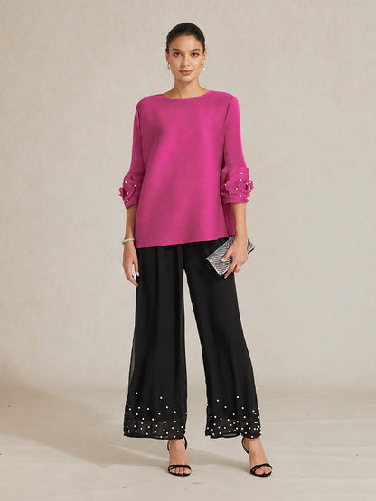 Pleated Floral Pearl Sleeve Top