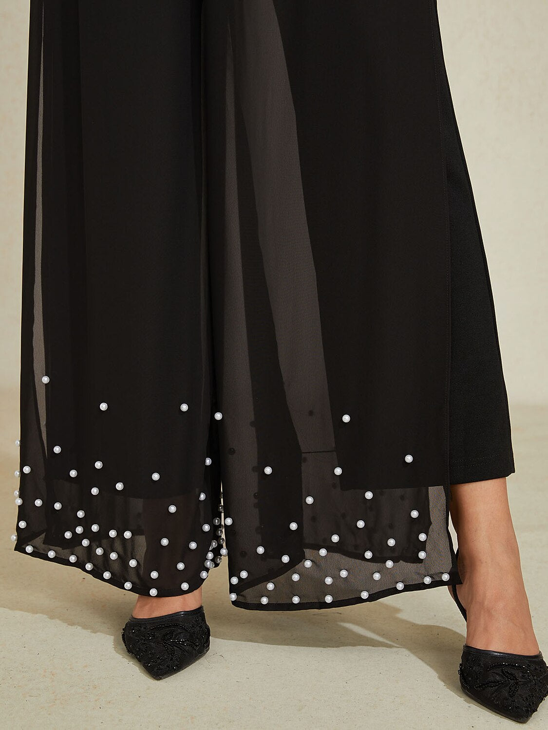 Pearl-embellished Wide Leg Pants