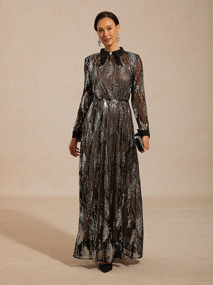 Sequin Mesh Overlay Dress with Crystal Button