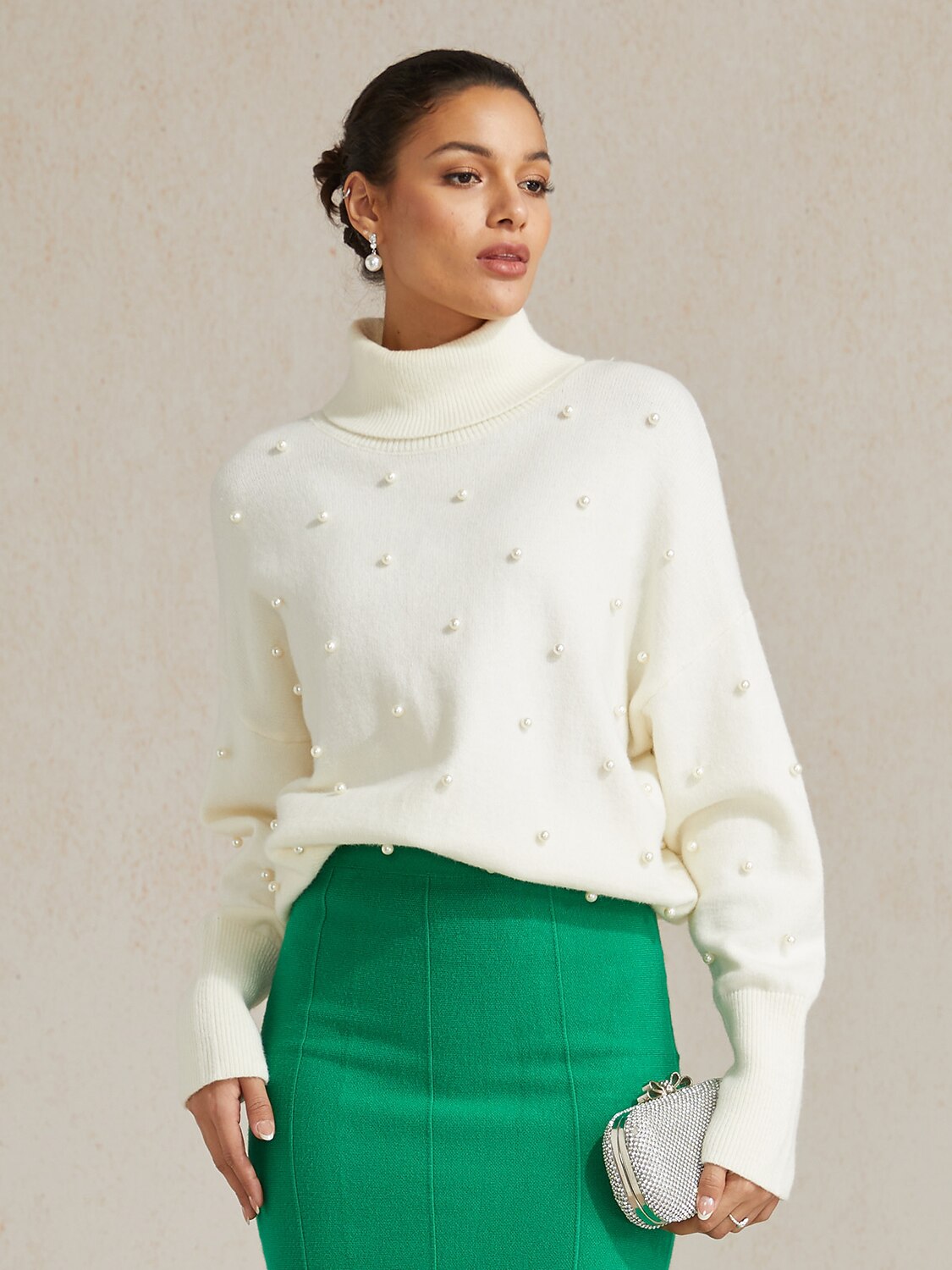 Pearl-embellished Turtle Neck Sweater