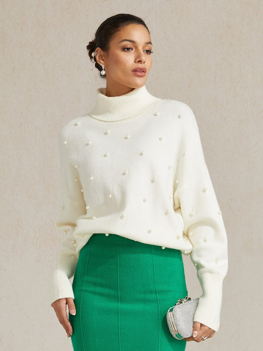 Pearl-embellished Turtle Neck Sweater