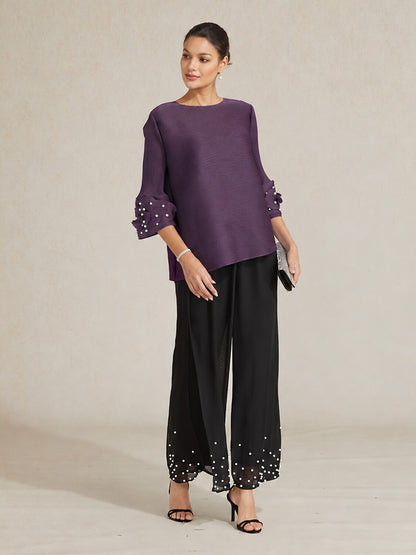 Pleated Floral Pearl Sleeve Top