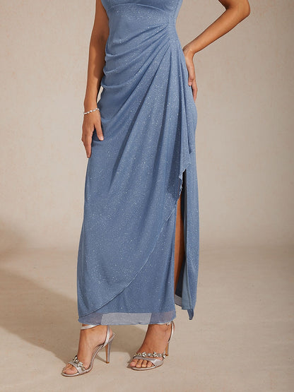 Ankle-Length Cold Shoulder Glitter Mesh Dress