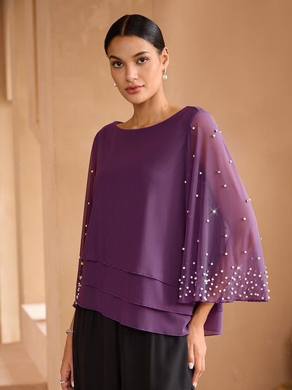 Beaded Layered Mesh Elegant Tops