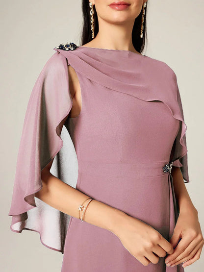 Asymmetrical Boat Neck Ruffled Chiffon Cape Dress