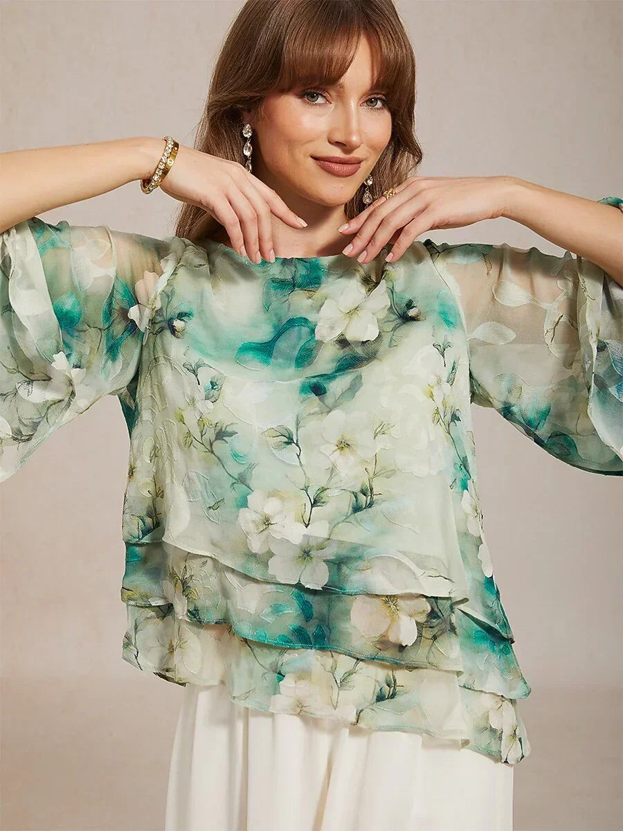 Blouse en Chiffon à Volants Superposés avec Imprimé Floral