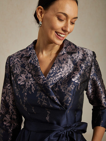 Floral Jacquard Shirt Dress with Belt and Side Pockets