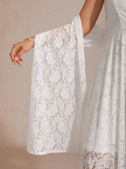 Scalloped V Neck Lace Evening Dress with Matching Shawl