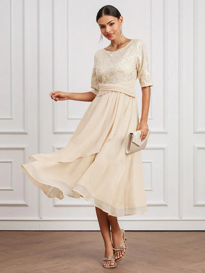 Chiffon Lace Midi Swing Dress