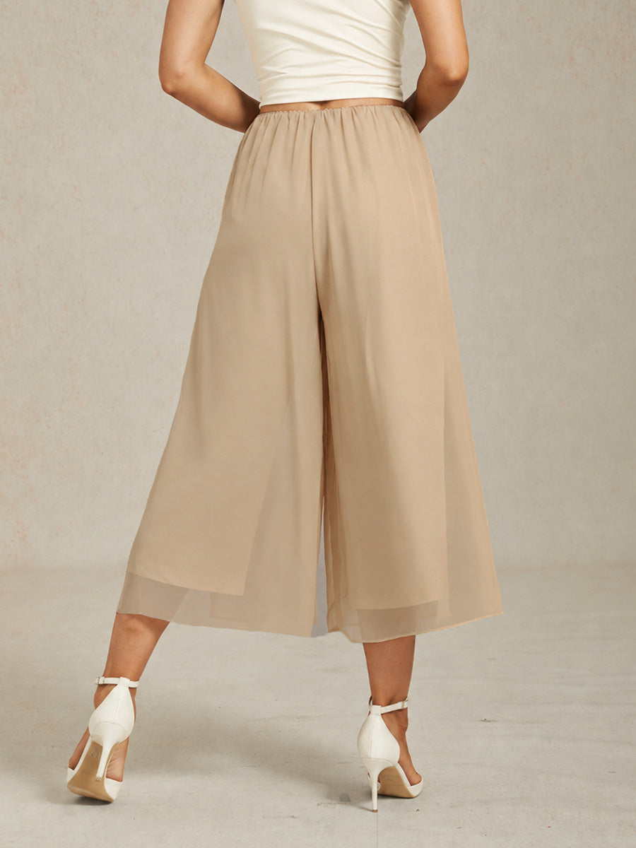 Cropped Length Straight Leg Pant With Chiffon Split Leg Overlay