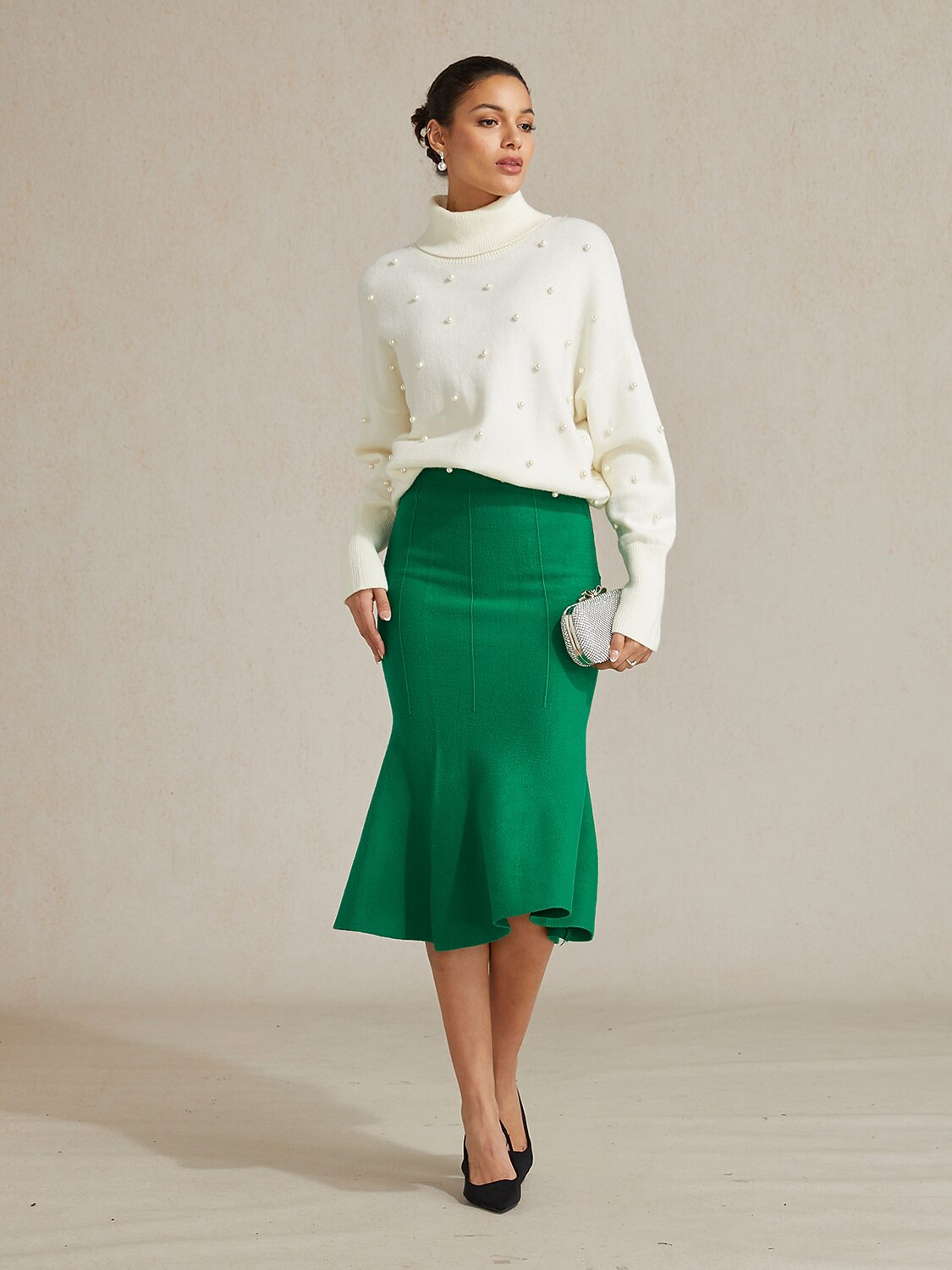 Pearl-embellished Turtle Neck Sweater