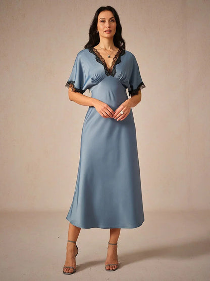 Satin Lace Trim V-Neck Dusty Blue Dress