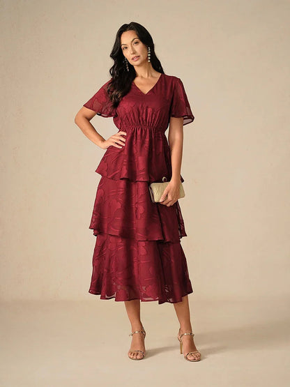 Lace V Neck Ruffle Layered Flutter Dress