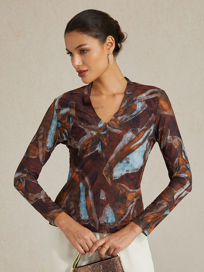 Abstract Print Stretch Knit Top