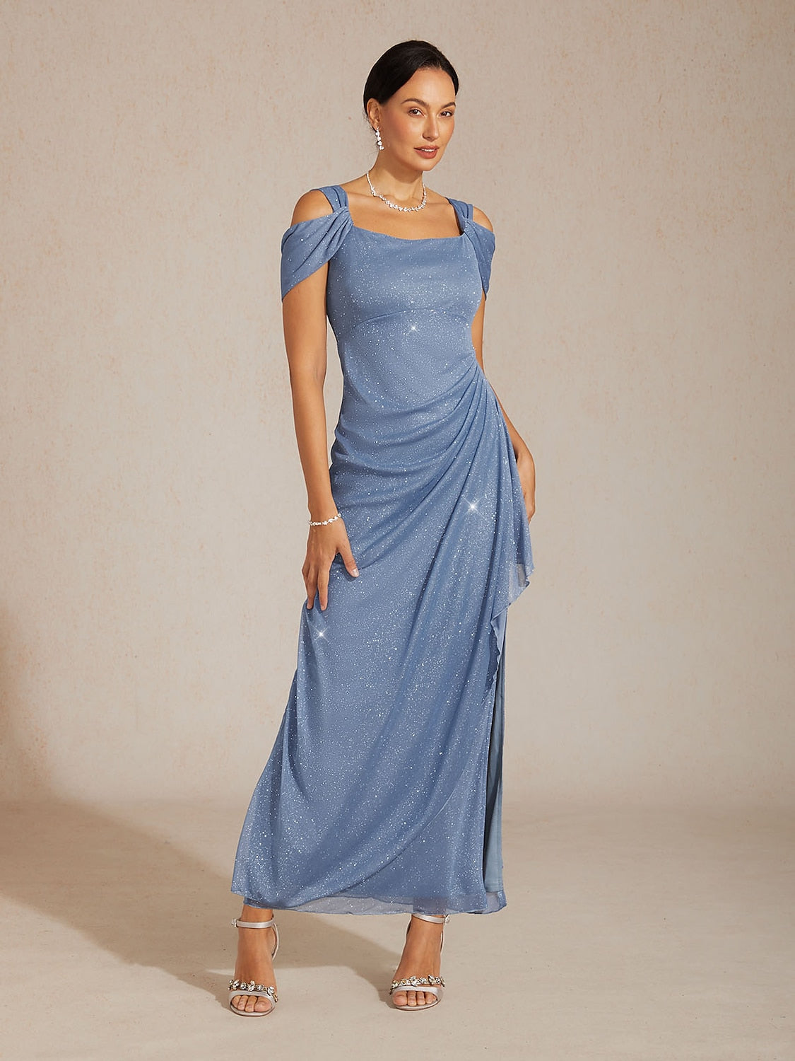 Ankle-Length Cold Shoulder Glitter Mesh Dress