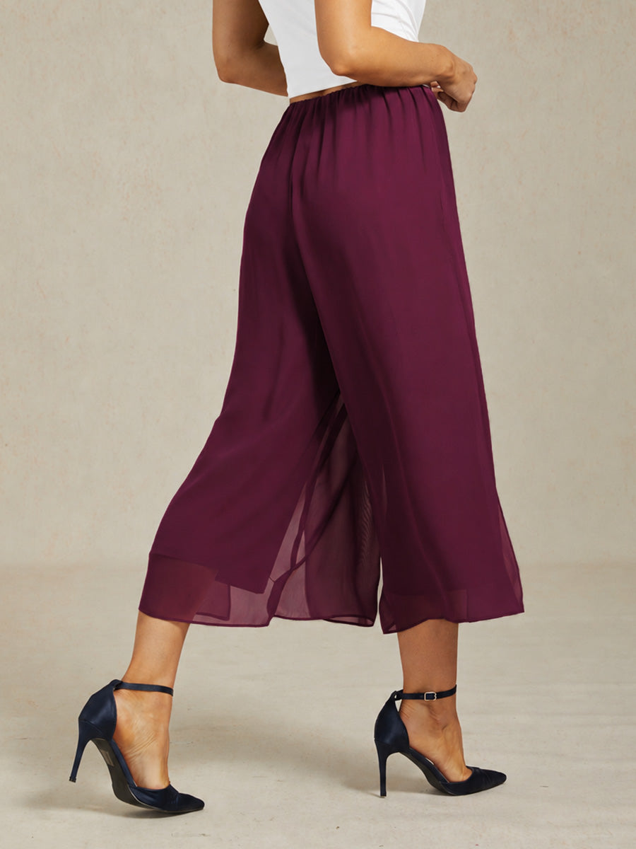 Cropped Length Straight Leg Pant With Chiffon Split Leg Overlay