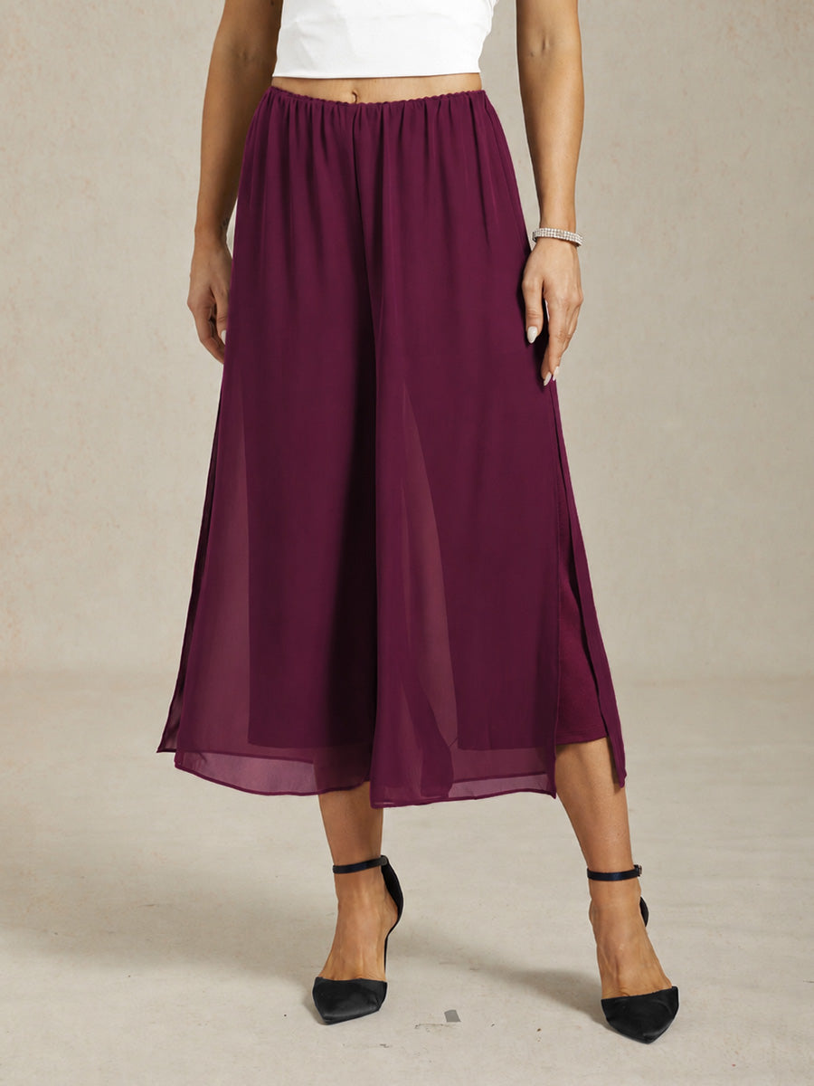 Cropped Length Straight Leg Pant With Chiffon Split Leg Overlay