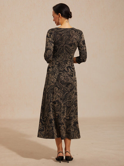 Paisley V-Neck A-Line Knit Dress with Waist Twist Design
