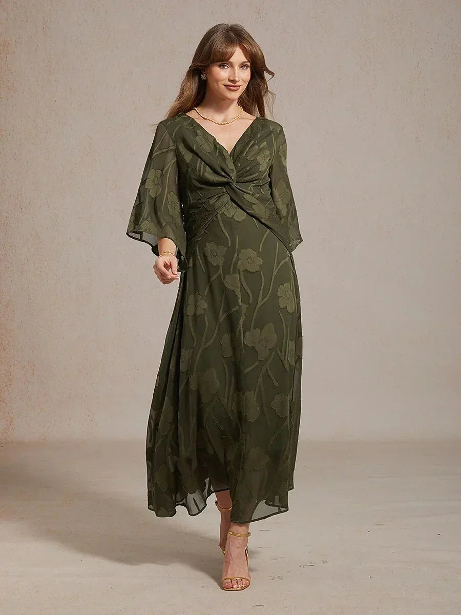 Lace Floral Twisted Ruffle Chiffon Maxi Dress