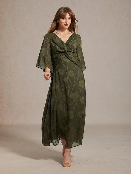 Lace Floral Twisted Ruffle Chiffon Maxi Dress