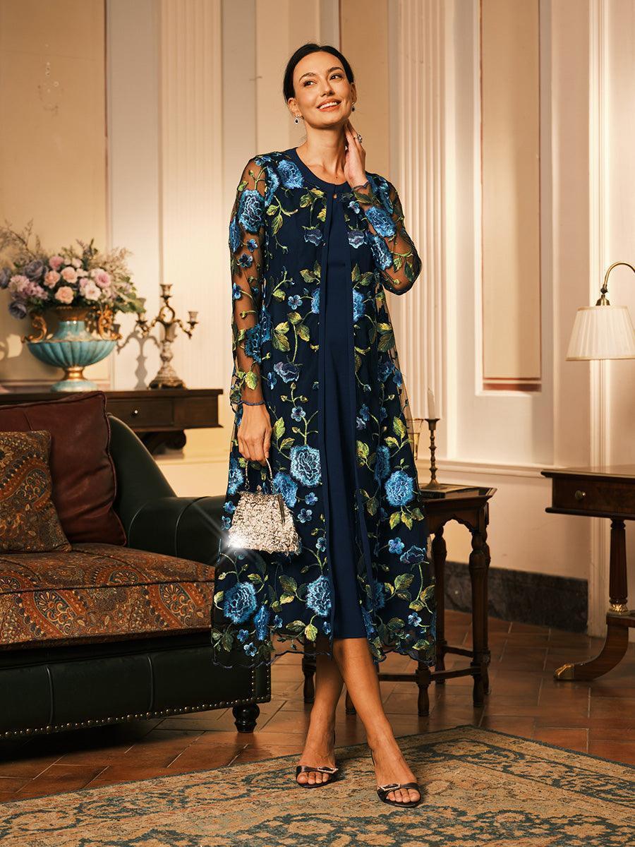 Mesh Lace Embroidered Floral Dress Sets Gray Pink Dress Wedding Guest Mother Of The Bride A Line Long Sleeve Two Pieces Sets, Navy Blue / XL Mesh Lace Embroidered Floral Dress Sets Gray Pink Dress Wedding Guest Mother Of The Bride A Line Long Sleeve Two Pieces Sets, Navy Blue / XL