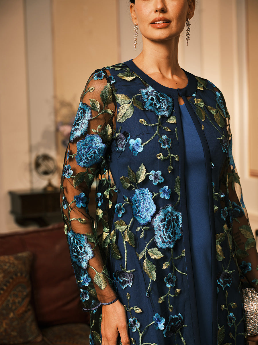 Mesh Lace Embroidered Floral Dress Set