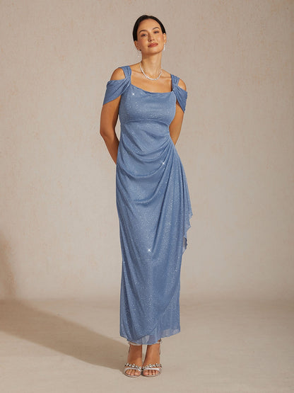 Ankle-Length Cold Shoulder Glitter Mesh Dress