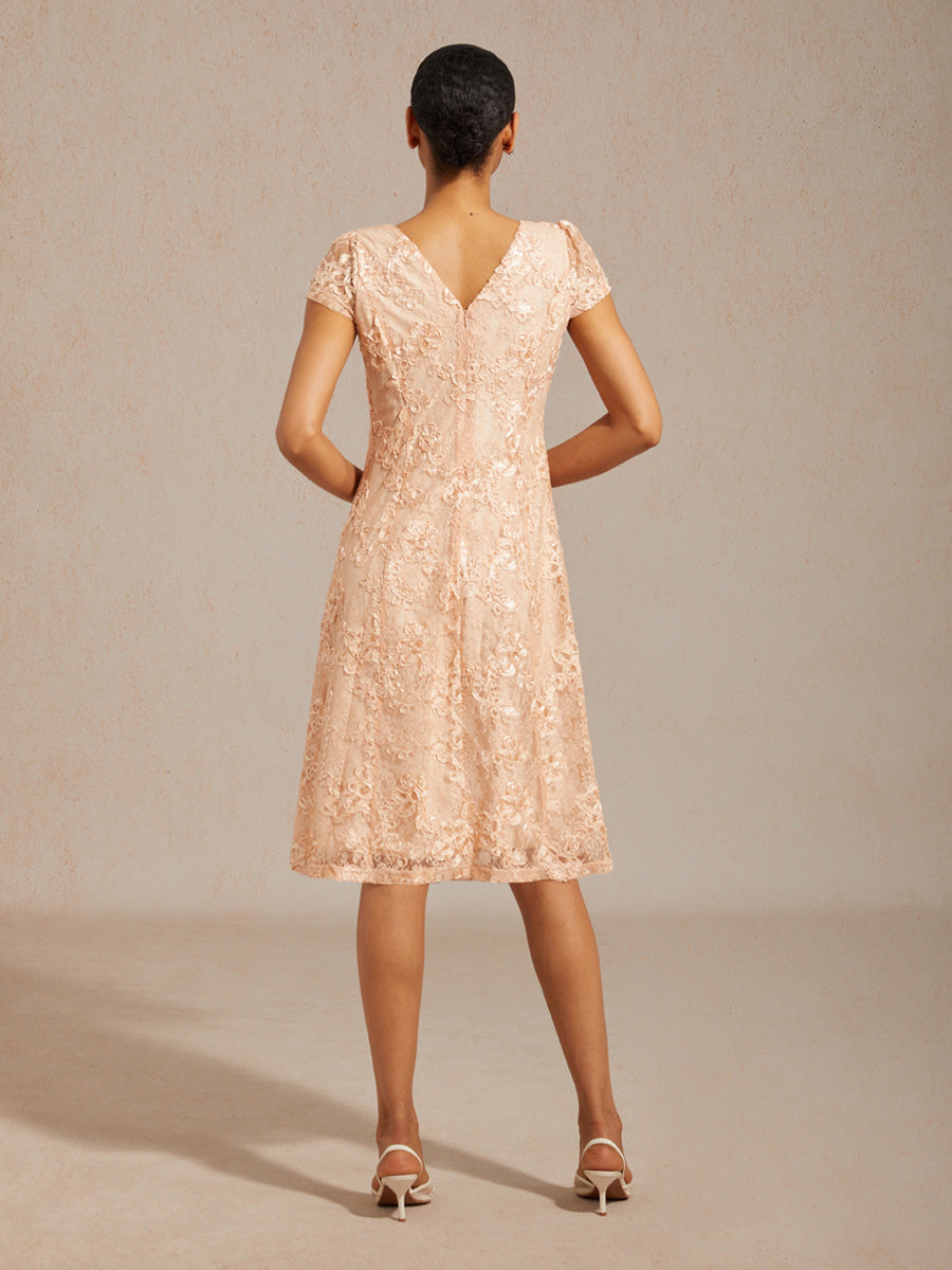 boat neck a line dress Knee Length Rosette Lace Elegant Petite Evening Gowns Navy Blue Boat Neck A Line Cocktail Dresses Mature Fashion Women Over 50, Champagne / XL