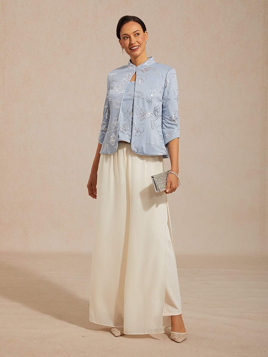 Elegant Mandarin Collar Sequin Twinset