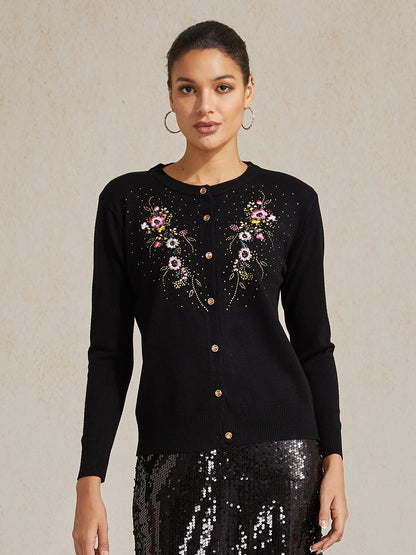 Embroidered Rhinestone Floral Cardigan