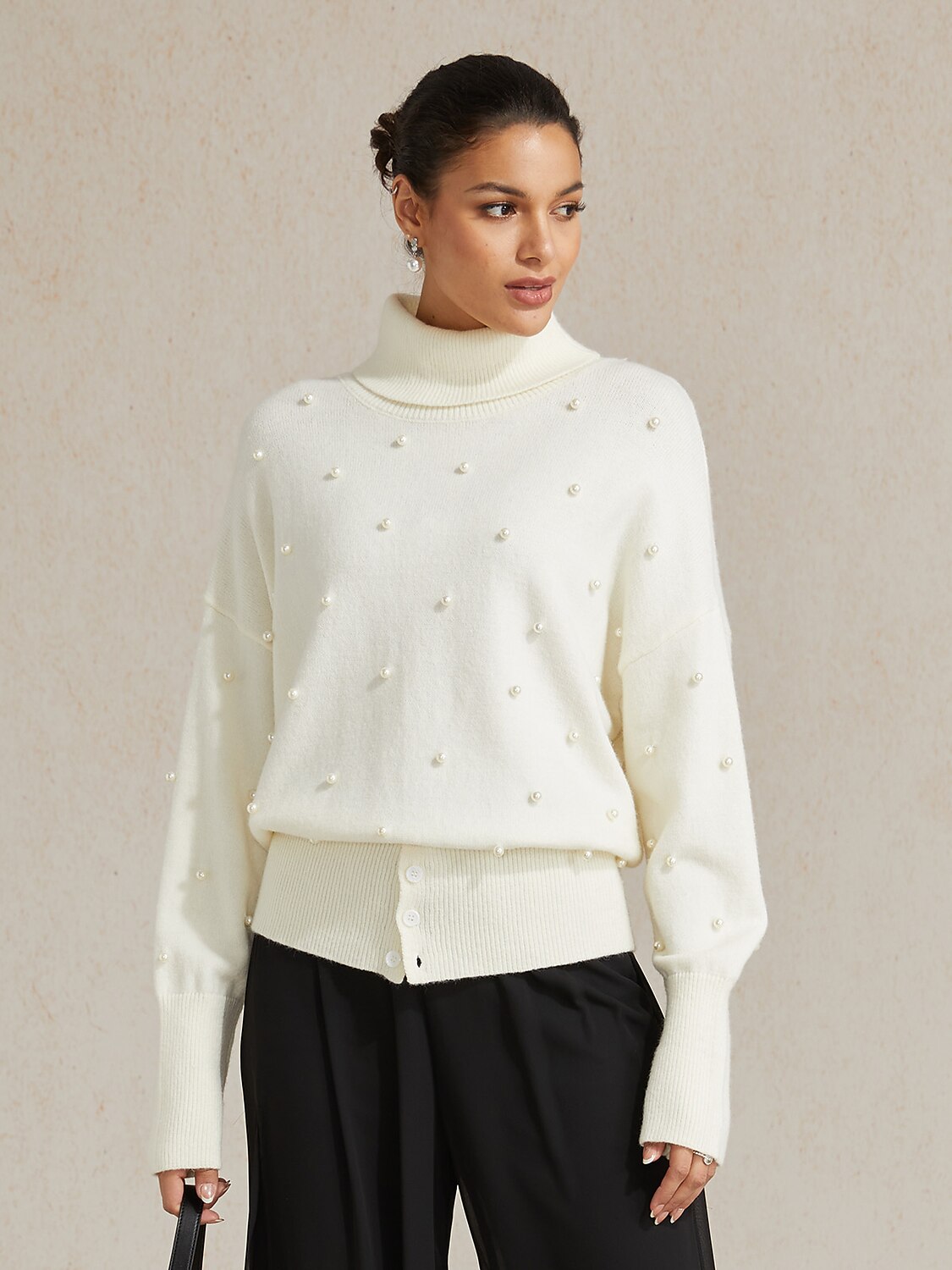 Pearl-embellished Turtle Neck Sweater