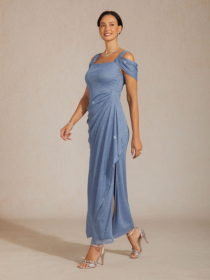 Ankle-Length Cold Shoulder Glitter Mesh Dress