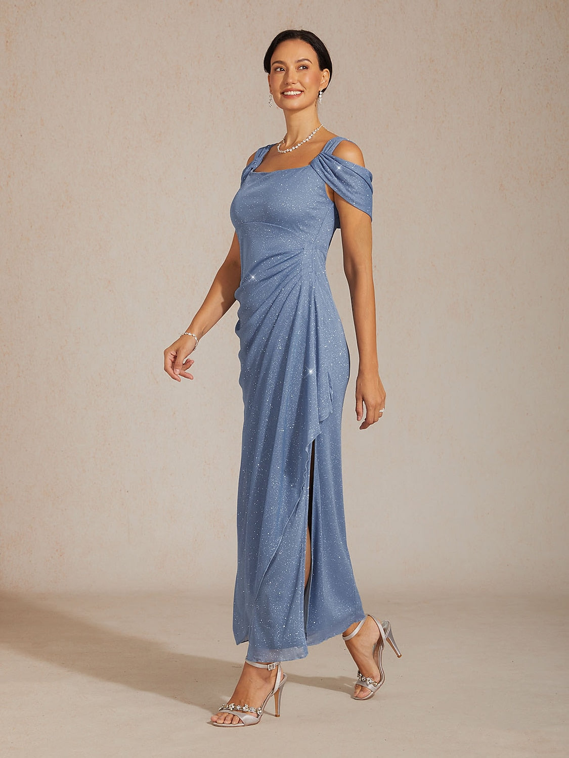 Ankle-Length Cold Shoulder Glitter Mesh Dress