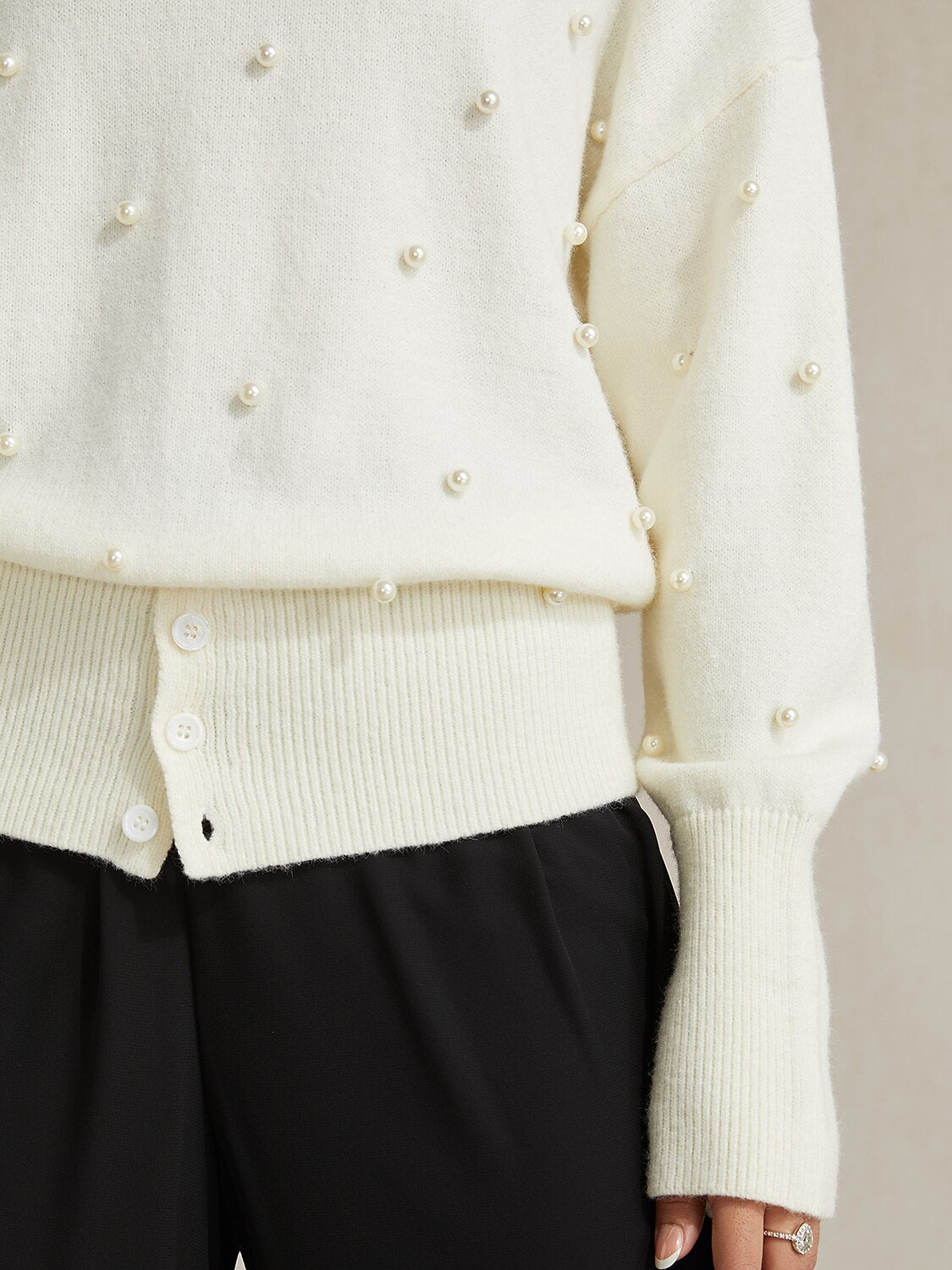 Pearl-embellished Turtle Neck Sweater