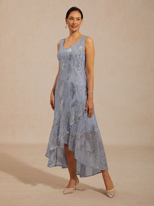 Sleeveless A-Line Maxi Dress with Mesh Sequin
