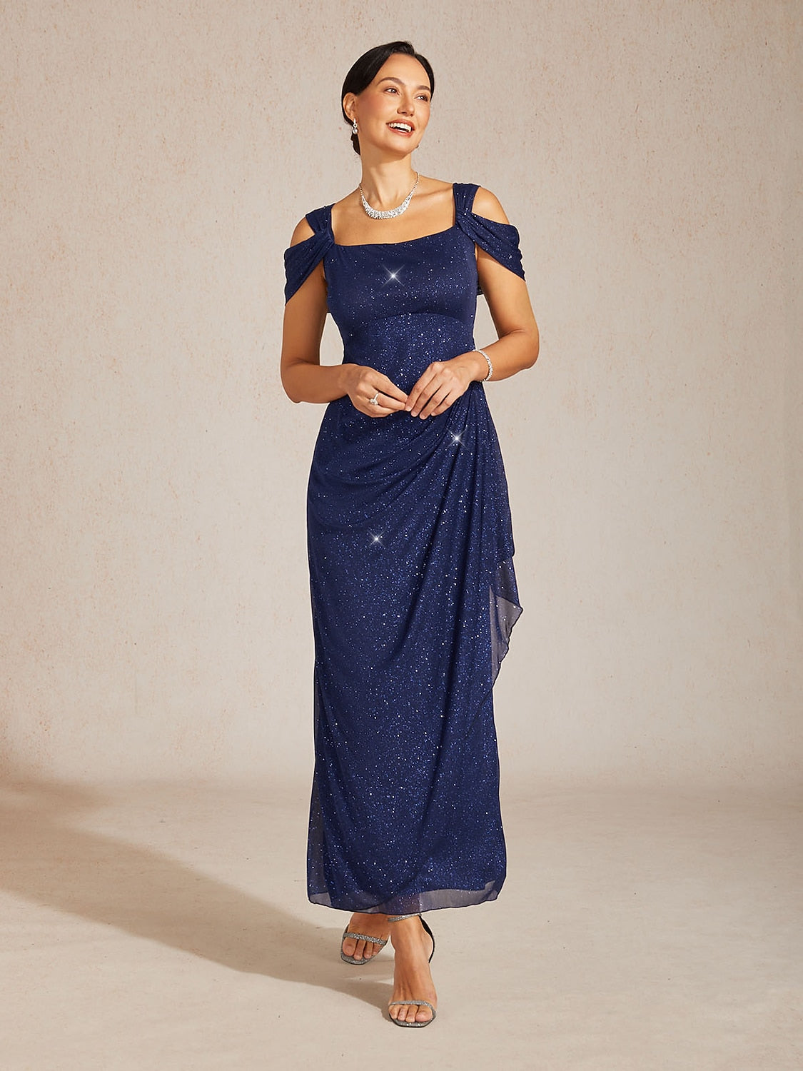 Ankle-Length Cold Shoulder Glitter Mesh Dress