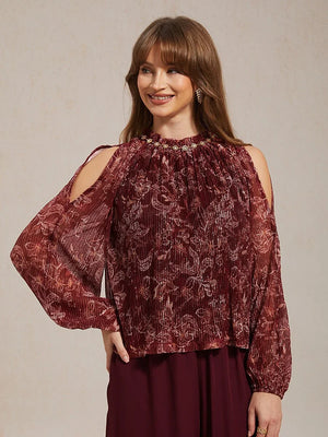 Blusa in chiffon con spalle scoperte arricciate e dettaglio metallizzato