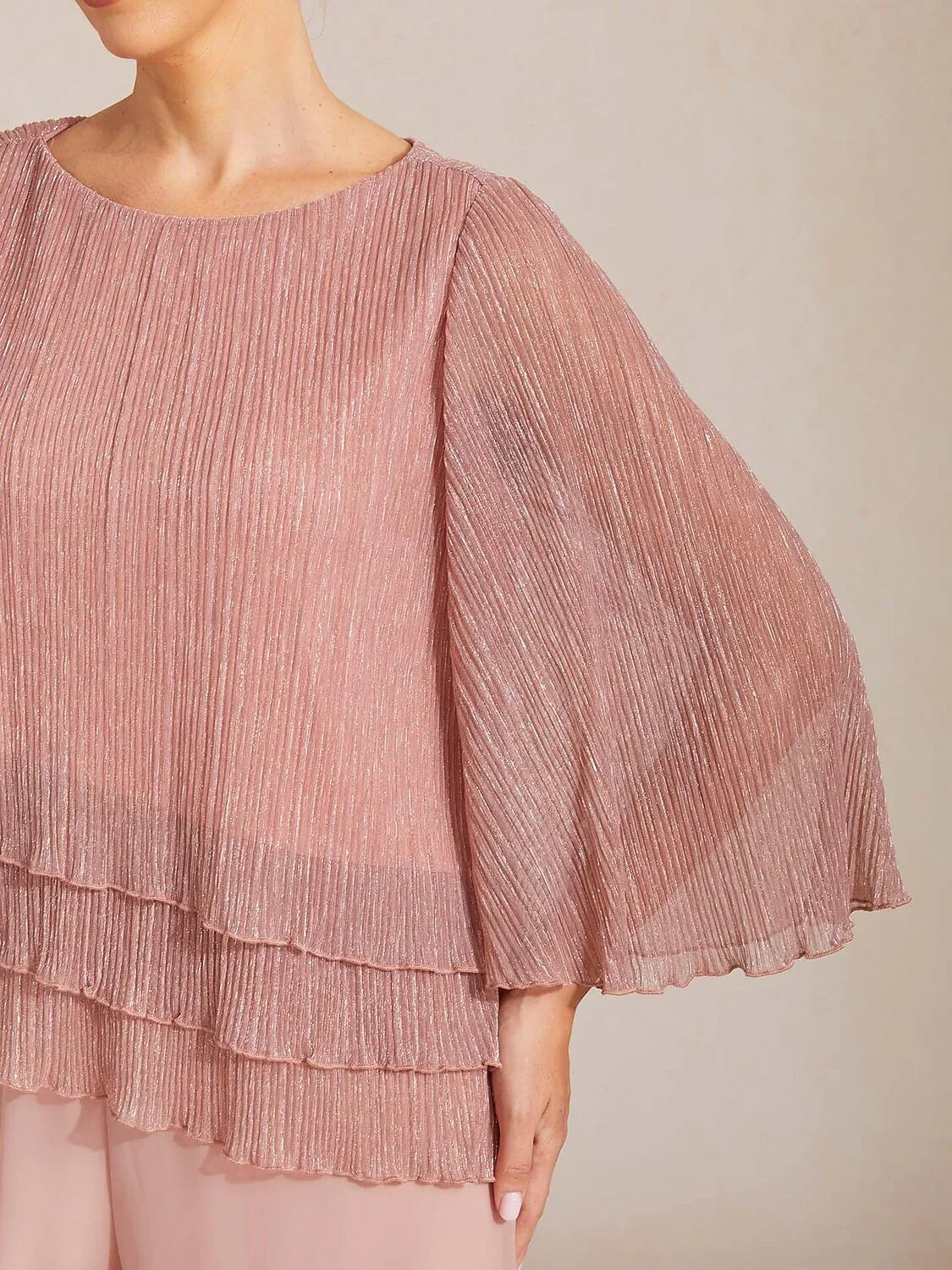 Metallic Pleated Chiffon Asymmetrical Layered Blouse