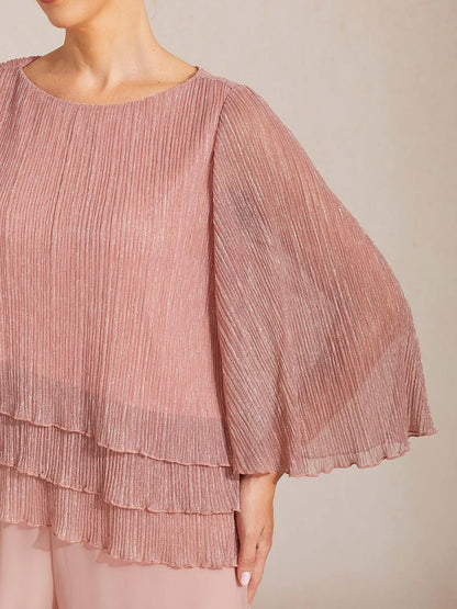 Metallic Pleated Chiffon Asymmetrical Layered Blouse