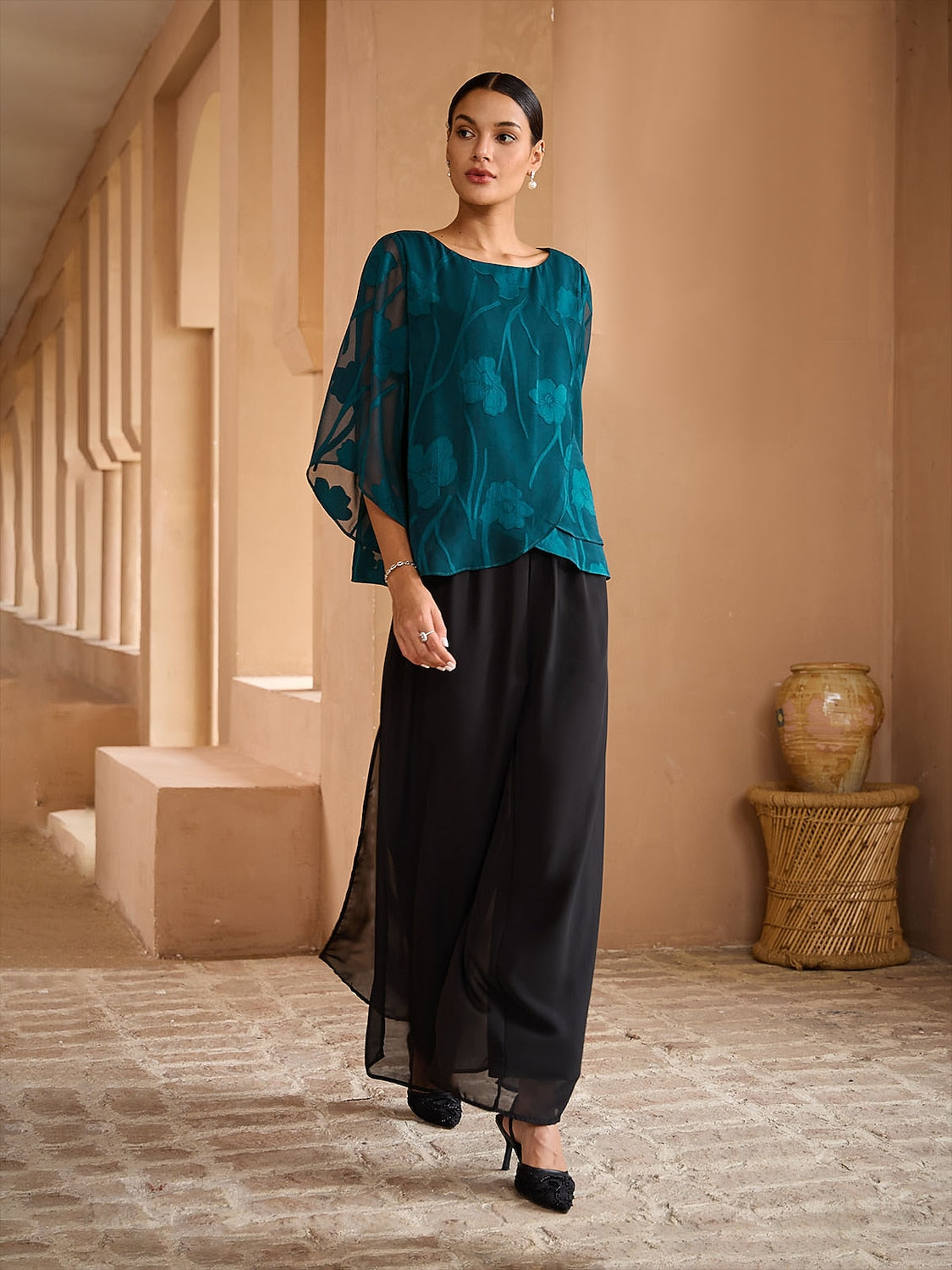 Sheer Floral Layered Chiffon Tops
