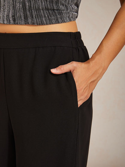Mid-Rise Broek met Elastische Taille, Wijde Pijpen en Zakken