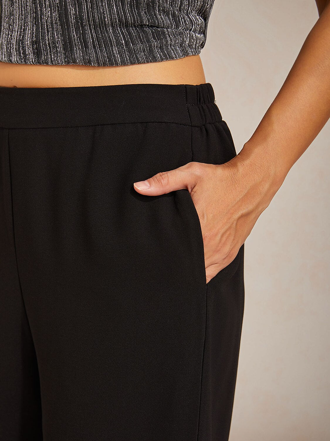 Mid-Rise Elastic Waist Wide-Leg Pants with Pockets